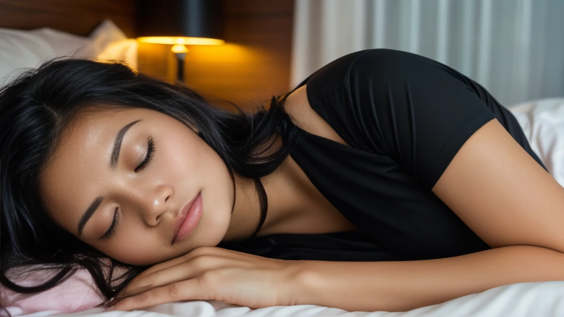 arafed woman with pink hair ((lying in a bed)), flowing black hair, with black hair with deep blue high lights, photo of a beautiful woman, long flowing black hair, black golden hour, curly black hair, beautiful young asian woman, beautiful asian woman, wild ginger hair, pink wispy hair, light pink hair, a young asian woman, an asian woman, infp young woman, (straight half of the torso: 1.4), Portrait photo of a 24-year-old french girl in RAW UHD format (Brown-eyed woman), Sleeping in a bed, cosy night,  Details (textures! , Hair! , glistering, Color!! , imperfections: 1.1), closed eyes , DSLR Lighting, SLR camera, Ultra-Quality, sharpness, Depth of field, Film grain , Fujifilm XT3, Crystal clear, Frame Center, beatiful face, sharp-focus, night lamp, low lighting, bokeh (dimly lit), night time, detailed skin pores, oilly skin, suntan, Complex eye details, closed eyes, sleeping