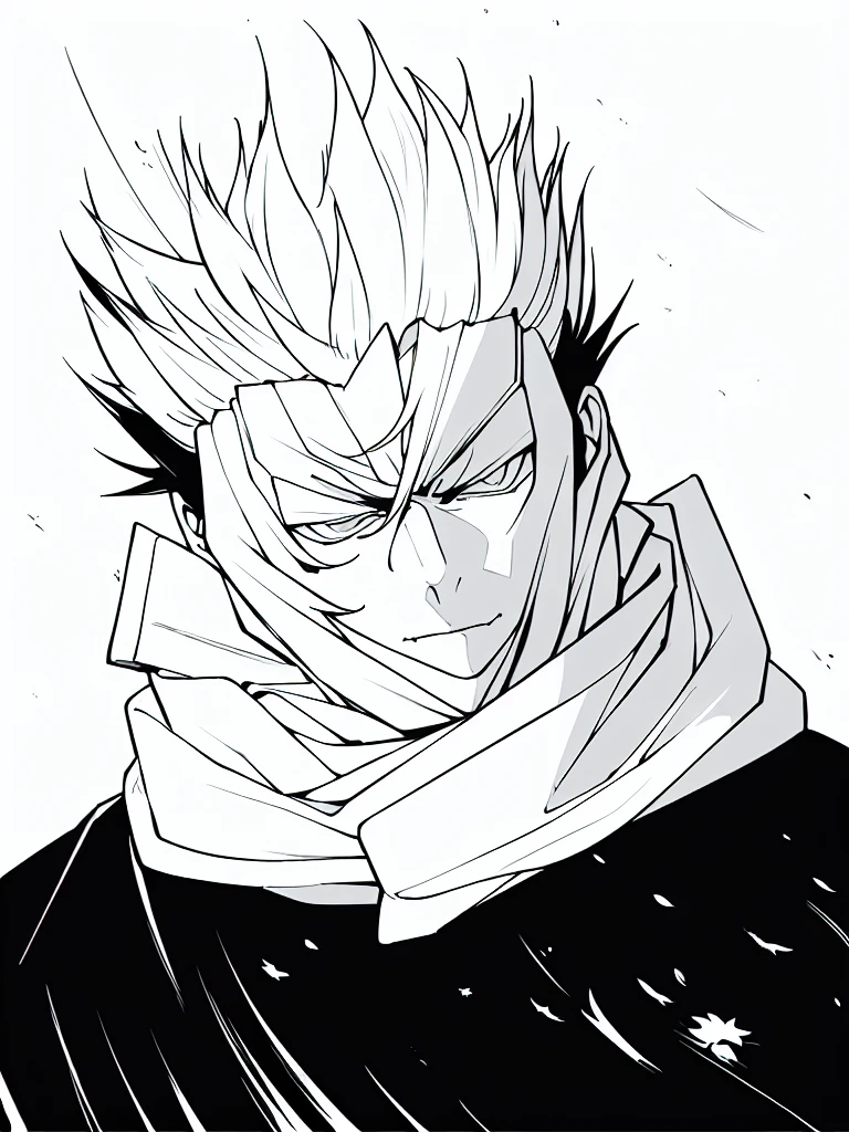 gege akutami manga art style, cool shading, sharp lineart, badass pose, white fluffy messy hair, boy, black and white, staring at viewer, messy clothing, male, scarf over mouth, evil stare, boy, male, jujutsu kaisen, no background, white background