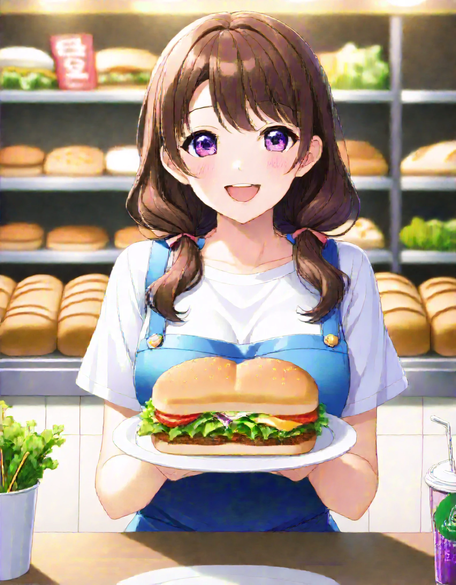 Bread店,A pretty girl,Female shop assistant,Happy smile,beautiful face,制作Sandwiches,_Give,A cute bear shop sign on the wall,小熊Bread,neon light,Bread,biscuit,Sandwiches,Salad,Bottled drinks,anime,Nice background,Depth of Field,CG unity,illustration,