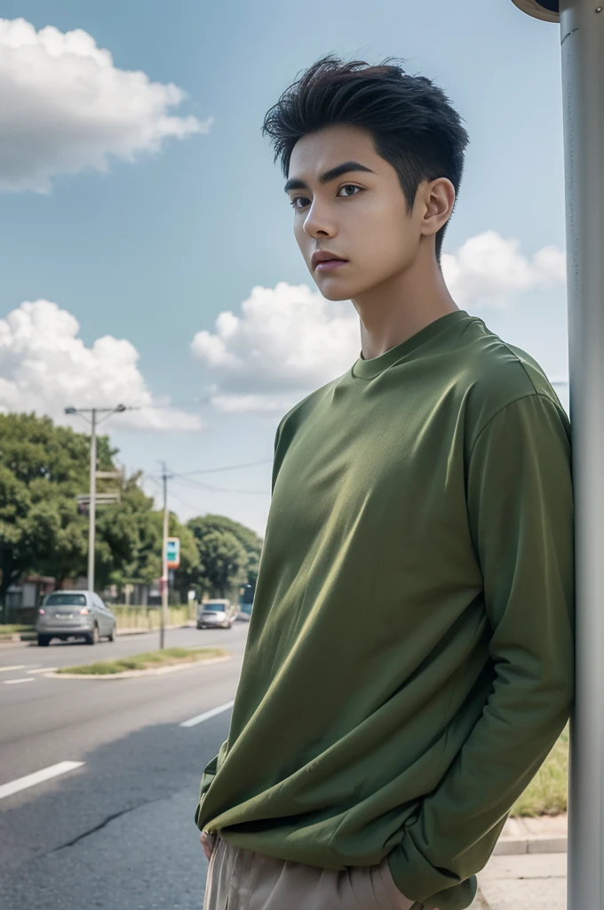 Young man in a green shirt Standing on the roadside with a serious expression, looking into the distance，Eyebrows frowned.，He looked worried.，Turn your head slightly.，Cloudy day, coffee shop