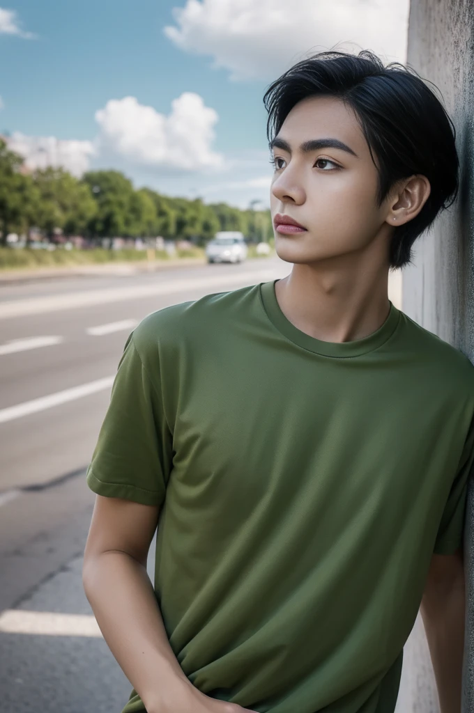 Young man in a green shirt Standing on the roadside with a serious expression, looking into the distance，Eyebrows frowned.，He looked worried.，Turn your head slightly.，Cloudy day, coffee shop