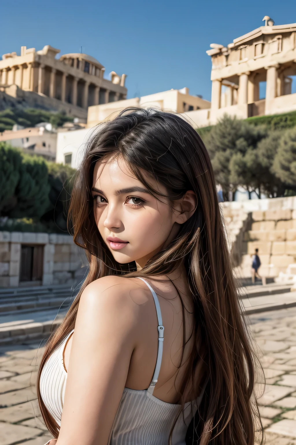 ((best quality)), ((masterpiece)), (detailed), ((Photo-realistic)), ((NSFW)), perfect face, pretty, ((Maisie Williams as a graceful Grecian Goddess with the well-toned athletic body of a gymnast)), ((enigmatic smile)), ((Classical Grecian hairstyle)), ancient Grecian temple, ((Naked)), ((straight eyes)), oiled skin glistening in the sun, ((well-drawn accurate anatomy)), crowds of small worshipers come to pay homage,