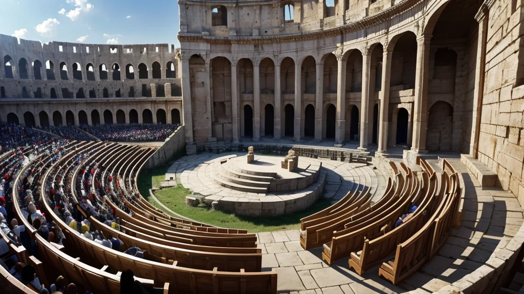 "An ancient Roman amphitheater filled with believers and skeptics alike, gathered to hear the Apostle Paul deliver his letter to the Corinthians. In the center, a scroll of 1 Corinthians 15 is unfurled, revealing the triumphant proclamation: 'Death has been swallowed up in victory.' Paul's words resonate through the amphitheater, symbolizing the transformative impact of Jesus' resurrection and the defeat of death's sting."