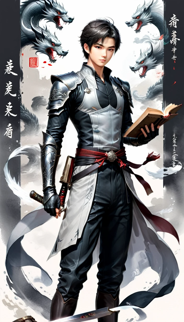 A beautiful oriental boy presented in real-life animation style，Handsome black and gray short hair with highlights，Wear black single-sided armor，Translucent shirt and leather jacket，The chest is naturally open and the body is strong，straight suit pants，sash，long leather boots，Right hand holding Guan Gong knife，Blade down，Holding an ancient book in the left hand，Standing and reading a book，The image of loyalty, bravery and benevolence，Background is white，It has Japanese air feel and dynamic blur effect，Watercolor and splash ink rendering，Chaos Rendering，Simple and classic Zen，Ethereal and elegant style