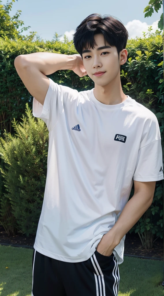 (As a matter of fact, Masterpiece, 8k HD, good light quality, sportswear, fit the face, complicated details), Handsome Korean young man, 20 years old, be happy, smile brightly, detailed face, delicate eyes, มองดูsky, Wear casual clothes, period, black eyes, Black hair color, ผมsmooth, smooth, outdoor sports, Along the garden, Sunny,sky,Surreal,Awesome details,Highest quality,real,