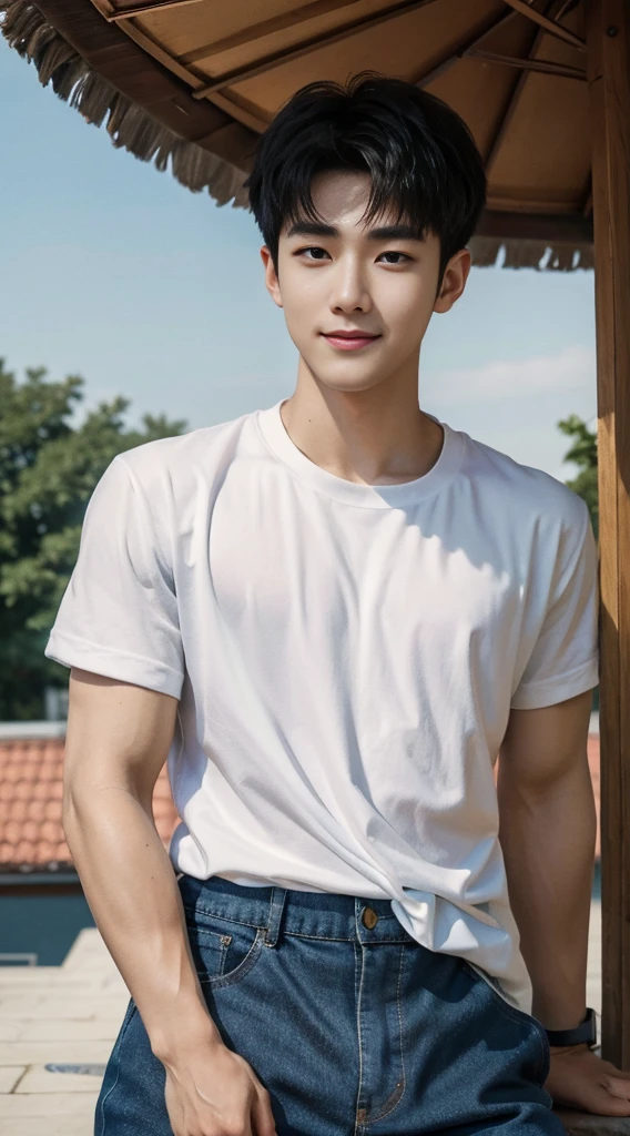 (As a matter of fact, Masterpiece, 8k HD, good light quality, sportswear, fit the face, complicated details), Handsome Korean young man, 20 years old, be happy, smile brightly, detailed face, delicate eyes, มองดูsky, Wear casual clothes, period, black eyes, Black hair color, ผมsmooth, smooth, outdoor sports, Along the garden, Sunny,sky，Surreal，Awesome details，Highest quality，real，