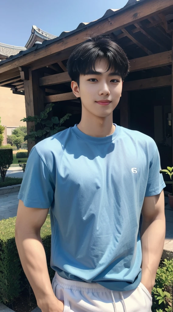 (As a matter of fact, Masterpiece, 8k HD, good light quality, sportswear, fit the face, complicated details), Handsome Korean young man, 20 years old, be happy, smile brightly, detailed face, delicate eyes, มองดูsky, Wear casual clothes, period, black eyes, Black hair color, ผมsmooth, smooth, outdoor sports, Along the garden, Sunny,sky，Surreal，Awesome details，Highest quality，real，