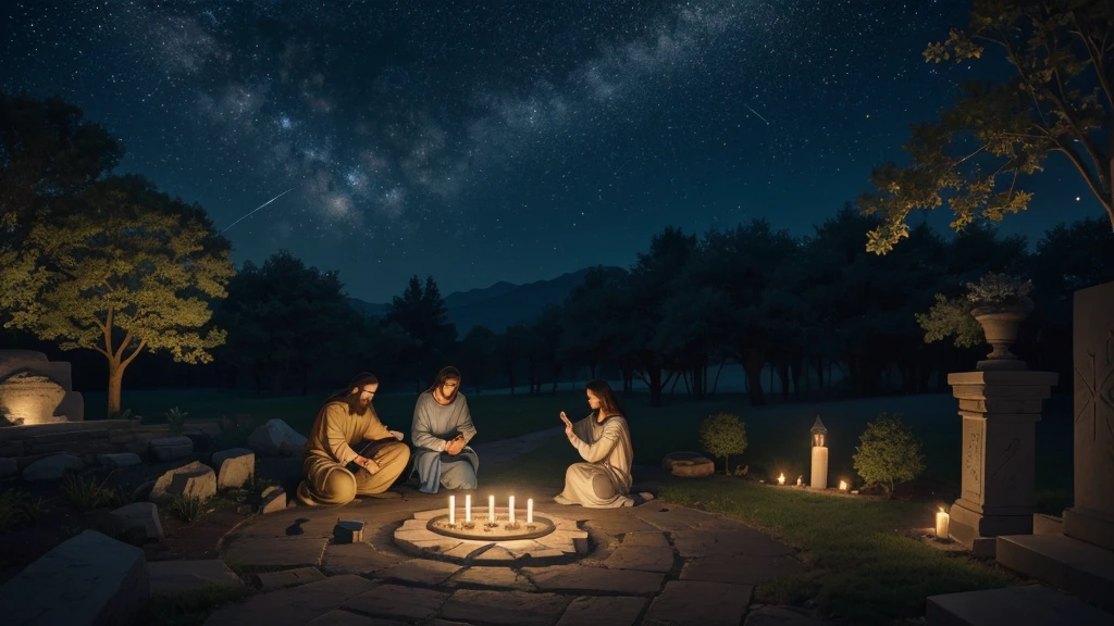 "A serene garden where flowers bloom under a starlit sky, evoking a sense of peace and renewal. A figure kneels beside an ancient tomb adorned with symbols of faith and resurrection. Soft candlelight illuminates the scene, casting gentle shadows that echo the words of 1 Corinthians 15:54-55. The setting reflects the spiritual victory over death, offering comfort and hope to believers inspired by Jesus' teachings and Paul's letters."