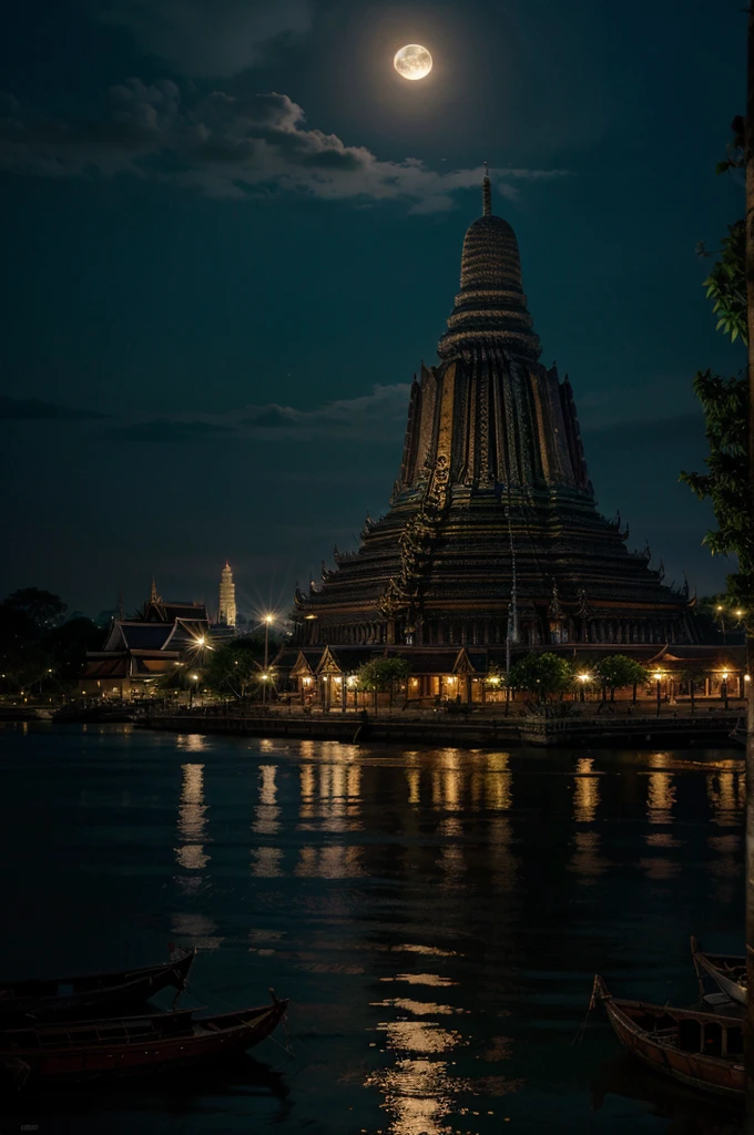 Imagine Bangkok at night as a scene from a Miyazaki film, full of wonder and magic. Use a slightly exaggerated, painterly style with vibrant colors and soft, diffused lighting. The full moon bathes the city in an ethereal glow, highlighting the intricate details of Wat Arun temple and casting long, dramatic shadows. Tiny boats decorated with fairy lights glide down the river, adding to the magical atmosphere. Emphasize the feeling of tranquility and enchantment in the scene.