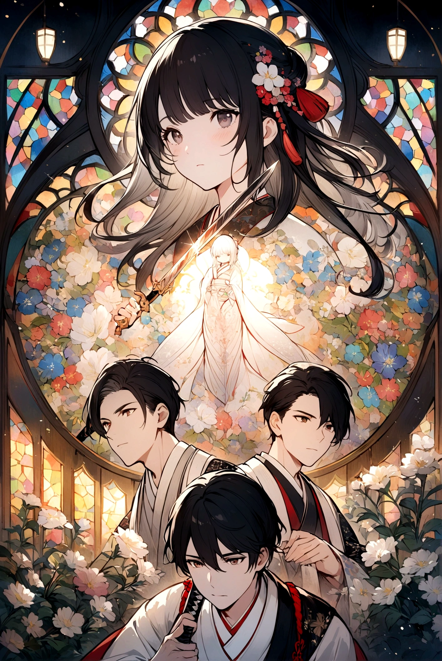 fantastic,an illustration drawn with delicate lines and detailed expressions of beautiful male with black hair sword-armed and cute girl with white hair .She is wearing traditional Japanese costume with delicate black-and-white lace and flowers .a backdrop filled with shine brilliantly patterns representing stained glass . 4K