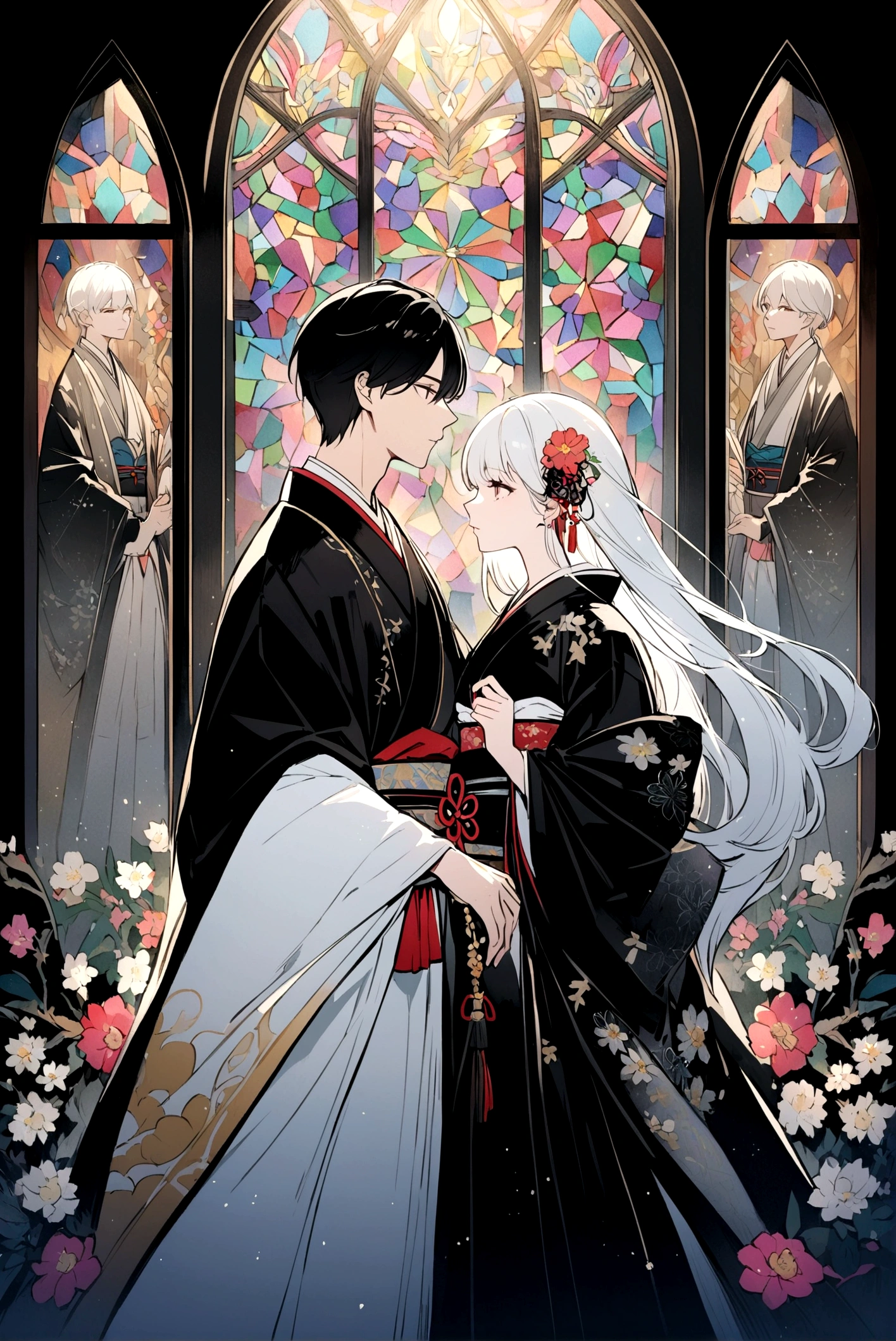 fantastic,an illustration drawn with delicate lines and detailed expressions of beautiful male with black hair sword-armed and cute  girl with white hair .She is wearing traditional Japanese  costume with delicate black-and-white lace and flowers .a backdrop filled with  shine brilliantly patterns representing stained glass . 4K