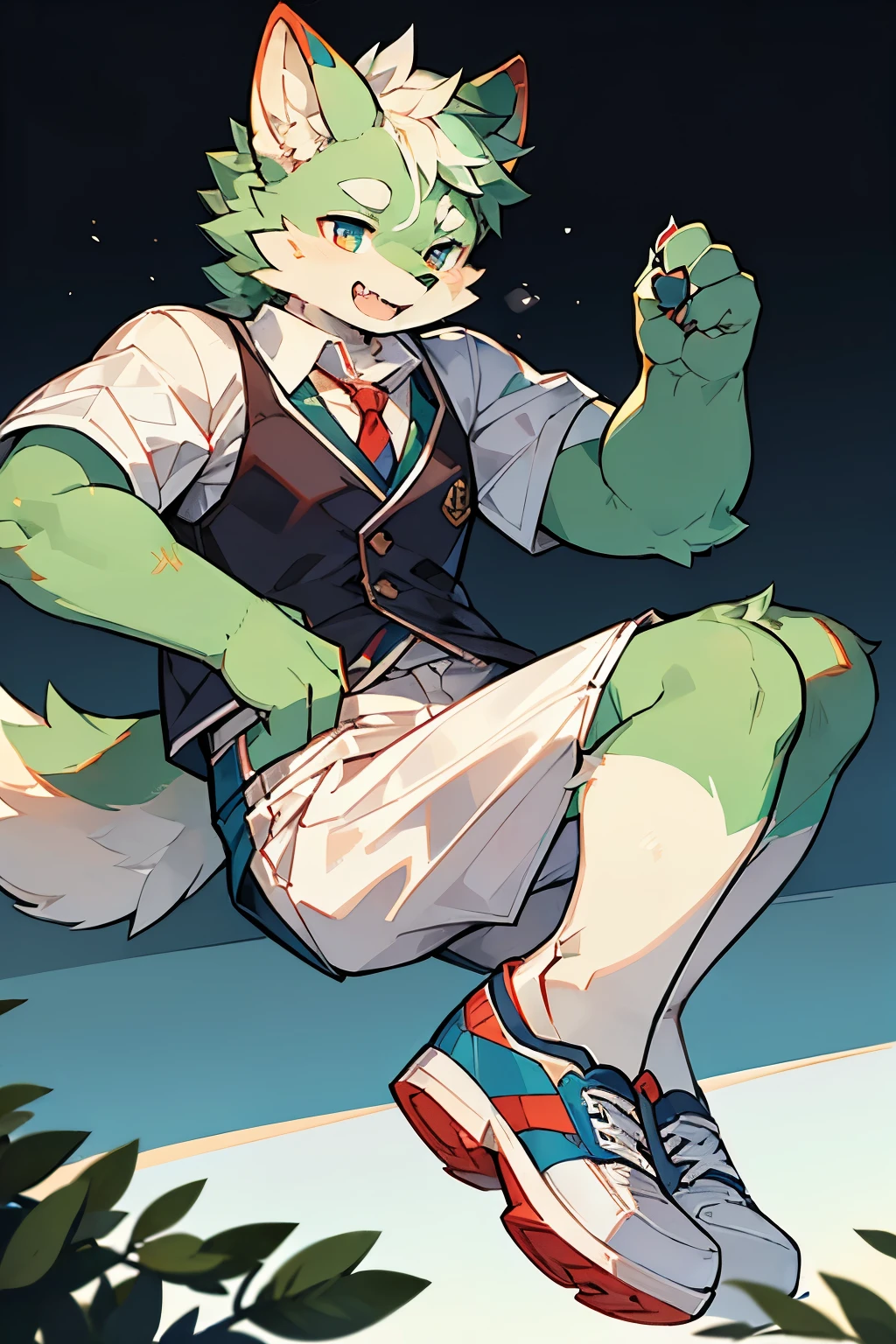 Exquisite lines,best quality。A character,young,male,Strong body,Light green fur,Wolf Orc,higher,Blue and white school uniform,White shorts,Red and black shoes,Blue pupils,Background school classroom,Malicious laughter,evening