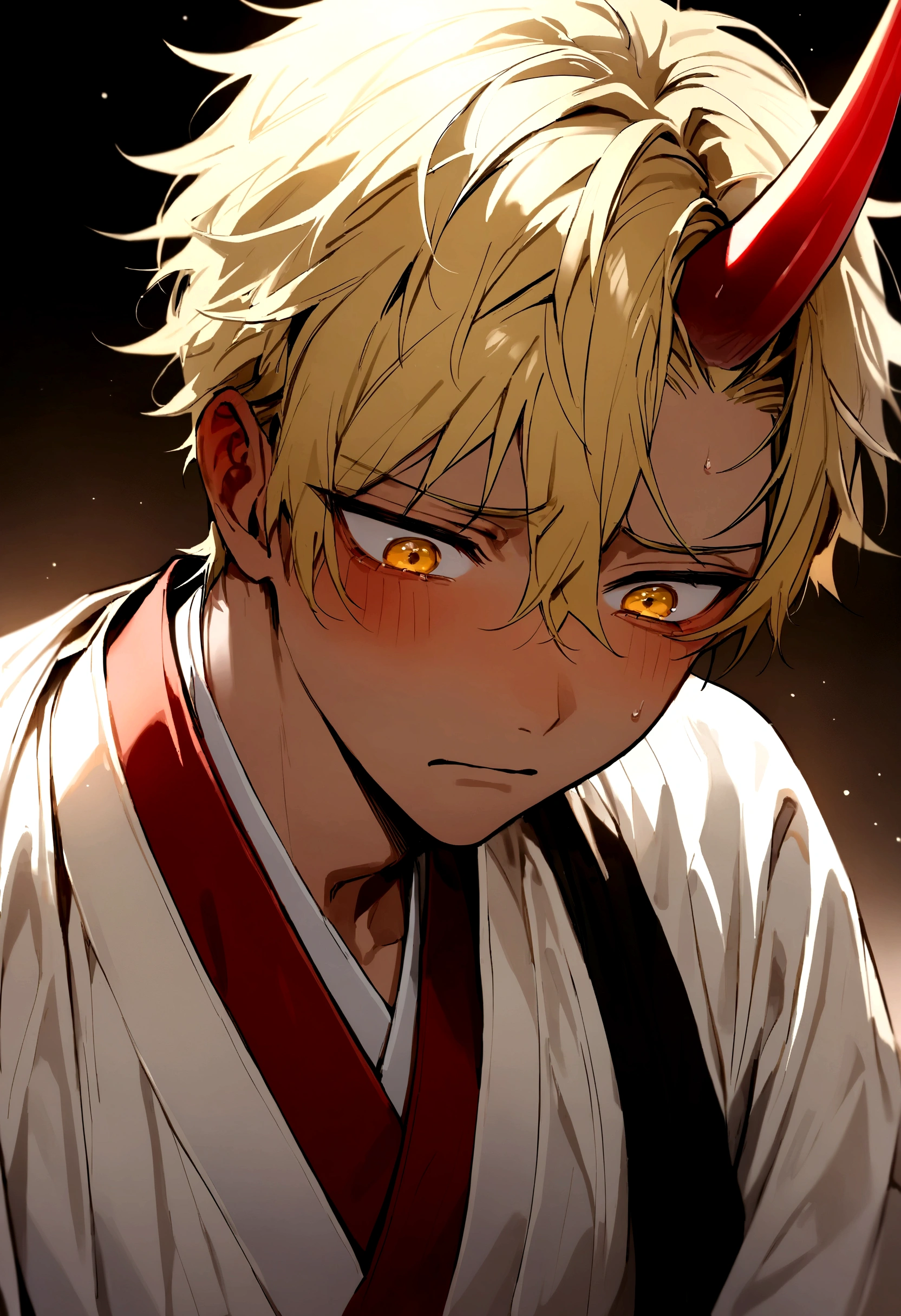 Beautiful young man with blond hair and dark skin, 17 years old, Yellow Eyes, A single red horn grows from the right side of its head., Dressed in traditional Korean costumes, Looking desperate and sad.