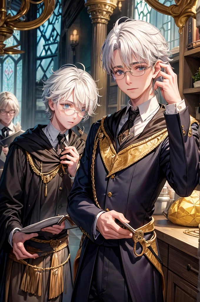 A handsome, magical young man from Hogwarts School of Magic, white hair, lives in the Hufflepuff house, uses glasses.