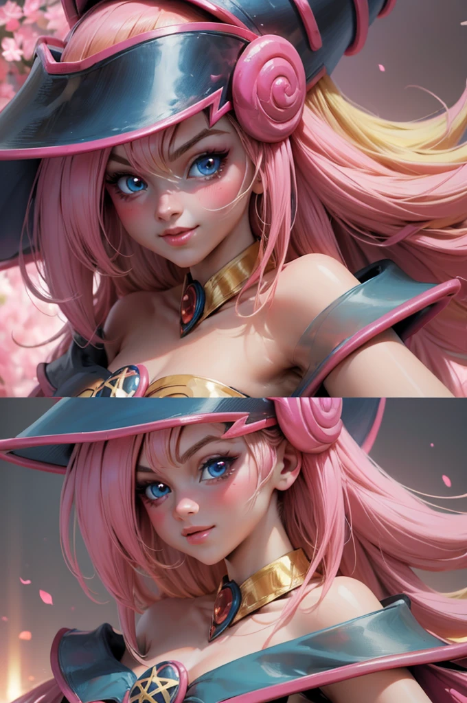 Beautiful face of dark magician gils, blue eyes. pink lips. Long blonde hair. exposed shoulders, angelic smile, beautiful well detailed face of dark magician gils. blowing a kiss. sexy kiss