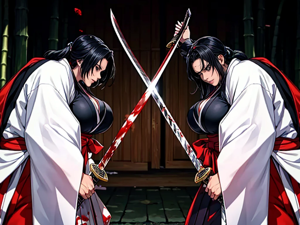 ((face each other: 1.5)), ((killing each other, samurai sword duel)), (highest quality, masterpiece, High resolution, Female samurai and female samurai kill each other in the bamboo forest), ((sweating:1.1)), (((Killing a female samurai with a sword))), (two young women), black hair, long hair, purple eyes, hime cut, japanese clothes, miko, holding weapon, katana, ((standing)), outdoors, full body, angry expression score_9, score_8_up, score_7_up, score_6_up, score_5_up, score_4_up, BREAK source_anime, masterpiece, (erect nipples), (blood: 1.2), (evil: 1.1), female samurai style, black kimono, ((furisode)), hakama, (wearing red hakama: 1.5), ((kimono covered breasts)), (white tabi ankle socks: 1.3), very large breasts, black hair, black hakama wide pants, black hakama pleated pants, swinging sword, (blood flowing: 1.2), (blood splatter: 1.2)