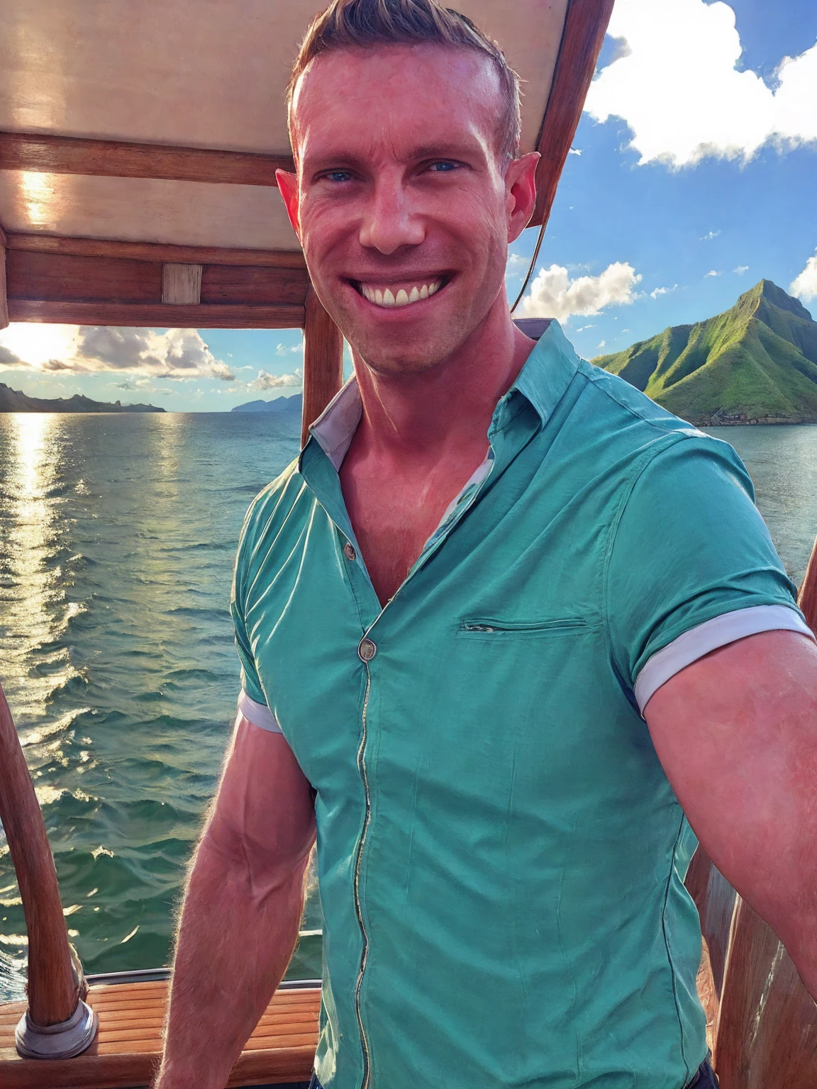 a handsome man, Todder8, Todder1 short hair, perfect facial features, RAW, UHD, 8K, looking at camera, on a yacht at sea, vacation photography, island paradise, colorful unbuttoned Hawaiian shirt showing his stunning muscular chest, photorealistic, dynamic lighting, perfect day, [smiling]