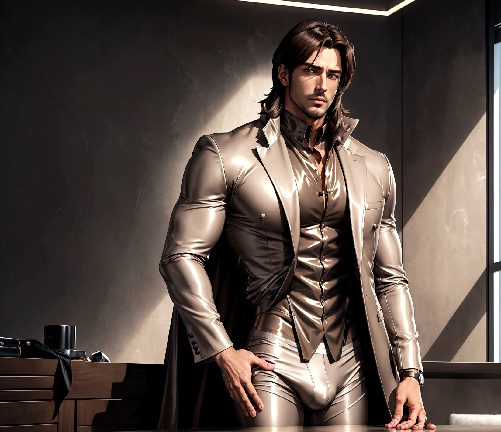 ultra detailed image. anime styling. Male Focus NSFW Anime Styles. Scenery of a dark gray room with polished and polished walls with an ultra polished and polished silver table. Research Board in the background. A handsome and seductive adult male with his pants slightly below the waist showing tight and tight short underwear with volume. goatee on chin muscular man beautiful medium hair with bangs. Wearing a loose, flowing brown coat. ultra-shiny and polished bronze bracelets. cloaks covering the brown body with pen in pocket, Brown hair. Light beige suit under coat. Covered chest. handsome human male detective. He holding a silver magnifying glass. He is pantsless with tight light gray underwear.