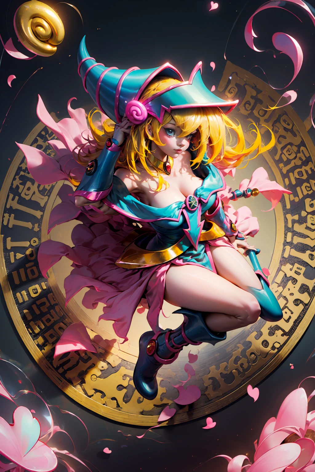 (Masterpiece:1.2), (The best quality:1.2), perfect lighting, Dark Magician Girl casting a spell, blue eyes. Red lips. Long blonde hair. floating in the air, big tits, neckline, magic background. Transparent hearts in the environment, From above, sparkles, Yugioh Card in the background. In heels . She wears heels.
