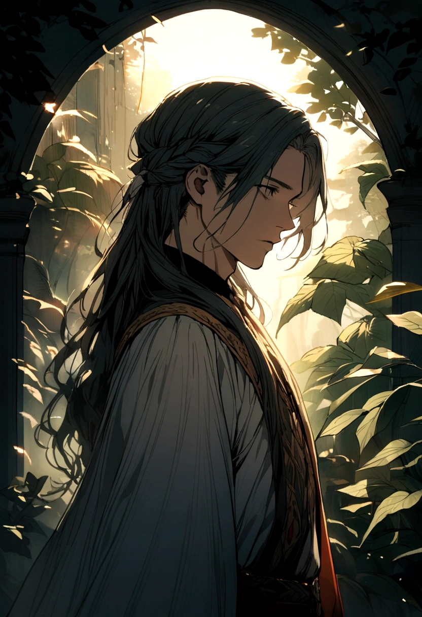 A man looking side in garden not make sharpe make hair normal straight