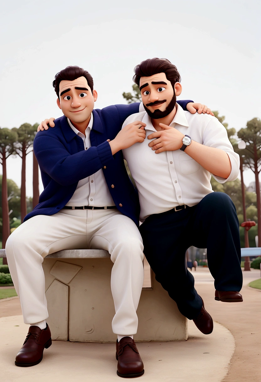 worked man holding one on his shoulders in a park, Baba with, caring Babaly wide forehead, in park, Baba, with a , paBaba/Babaly, Portrait photo, mixed art, publicity photo, On a sunny day, handsome man, bright sunny day, to celebrate, in park on a beautiful day