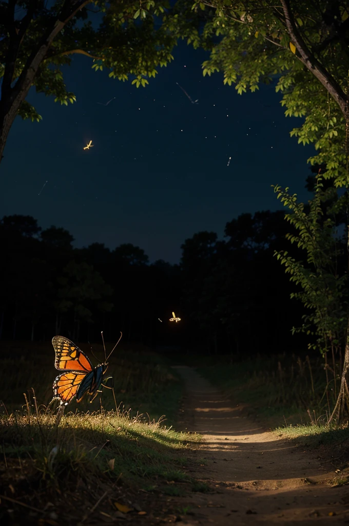beautiful scenery of butterfly and firefly