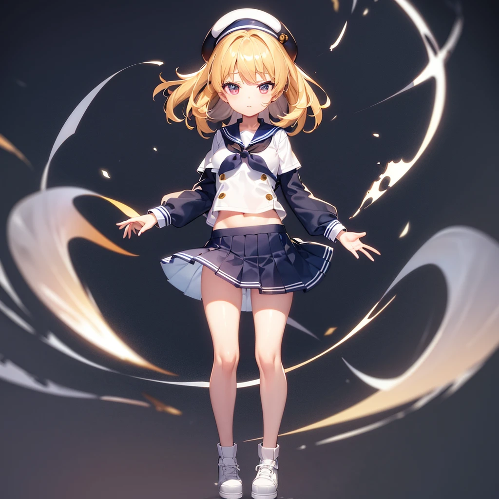 (Sailor suit),(((Navy Mini Skirt))),(Revealing clothing),beret,,Cute little ,Tiny ,Small girl,,Childish face, Very fine clean face,Top quality, Big eyes,Straight Hair,Yellow hair,Crimson Eye,(Dark Room), Subtle light, Natural light,Soft lighting,Light from directly behind, (Are standing), Cute pose, (Open your hands), Showing the whole body,Front view,Black background