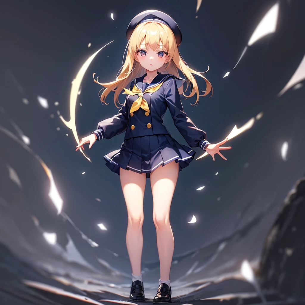 (Sailor suit),(((Navy Mini Skirt))),(Revealing clothing),beret,,Cute little ,Tiny ,Small girl,,Childish face, Very fine clean face,Top quality, Big eyes,Straight Hair,Yellow hair,Crimson Eye,(Dark Room), Subtle light, Natural light,Soft lighting,Light from directly behind, (Are standing), Cute pose, (Open your hands), Showing the whole body,Front view,Black background