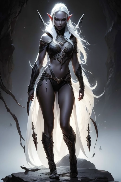 A beautiful dark elf woman, drow, with dark grey skin and long white hair, intricate detailed facial features, porcelain skin, striking eyes, full lips, slender figure, ranger clothes, bow and arrows, dramatic lighting, dramatic fantasy scene, dark moody atmosphere, detailed textures, highly detailed, 8k, cinematic, award-winning artwork, digital painting, concept art, photorealistic, full body shot 