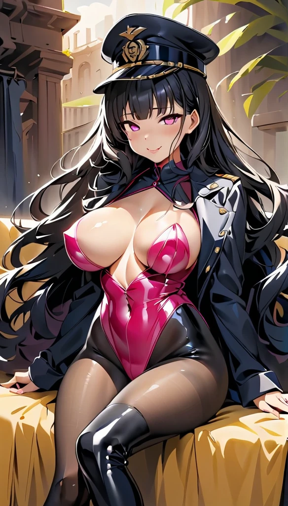 (highest quality:1.2,evil lady,cg, Very detailed, High Detail, digital coloring, High Contrast, masterpiece:1.2, highest quality, Best aesthetics), 8k,masterpiece, cute,tall,beautiful,best quality, 1lady,black hair,long hair,empty eyes, (finely detailed glowing eyes and detailed face),,,,extremely detailed cg unity 8k wallpaper,solo,(latex military costume:0.9),large breasts,seductive smile,military hat,latex thighhigh,large breasts,black hair,pink eyes,pink leotard,pantyhose,military coat,enamel suits,grossy lips,sitting,,sadistic smile,,heel,shiny skin,military coat,detailed face,beautiful body,full-body,adult,leotard,show me breasts,sadistic,seductive smile,enamel leotard,latex,