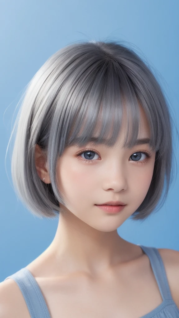 1 very cute girl、12 years old、short hair、Gray Hair、Moisturizes hair、reduce hair volume、Blue background、Upper Body、(head shot:1.5)、Eyes focus、