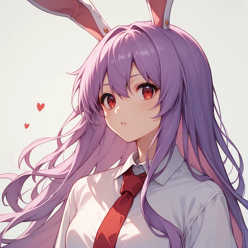 score_9, score_8_up, score_8, score_9, 1 girl,  source_anime,  reisen udongein inaba, purple hair, red eyes, rabbit ears, rabbit girl, long hair, portrait, white shirt, red necktie