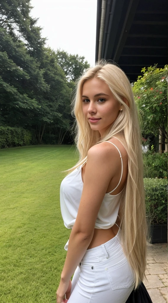 A 23 year old blonde woman, ((breasts big)), ((Hyper-Realism)) ,. blonde hair with light blonde roots. hair blonde, Hair with blonde roots , extra long hair, pretty long hair, comely, from front view, Selfie, Photo taken with iPhone, elegant black shirt with neckline, low cut, Selfie no jardim, high qualiy, Selfie iPhone, neckleace, Full-body image