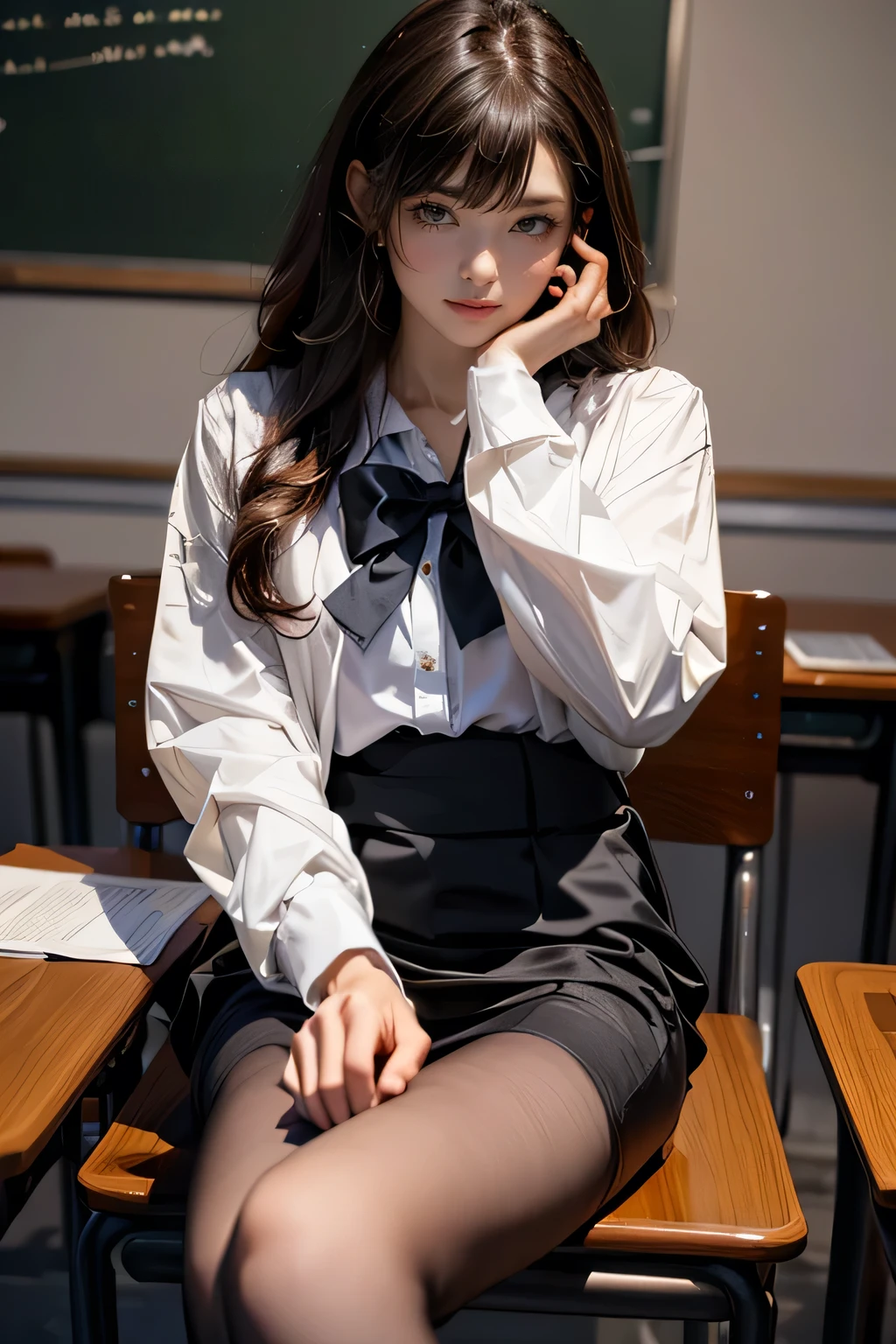 ((masterpiece, Highest quality)),Best aesthetics,One girl, , machine, Sitting, school machine, Brown Hair, classroom, Long Hair, indoor, Chair, View your viewers, :p, Focus Only, Brown eyes, skirt, Long sleeve, pencil, 1 boy, pencil case, paper, Seraph of the Black, Multiple Girls, pleated skirt, Sailor collar, bangs, Headrest, school bag, school Chair