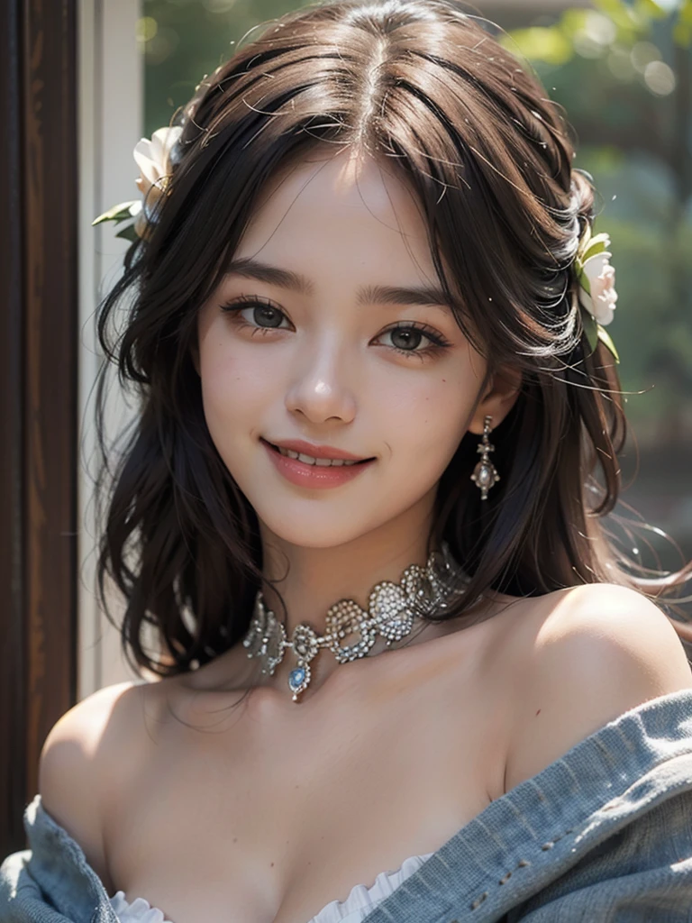best quality, masterpiece, ultra high res, photorealistic, 1girl, offshoulder, smile