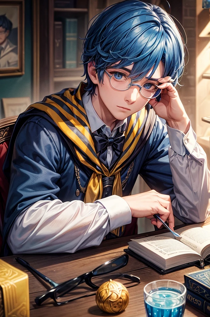 A handsome, magical young man from Hogwarts School of Magic, blue hair, lives in the Hufflepuff house, wears glasses.