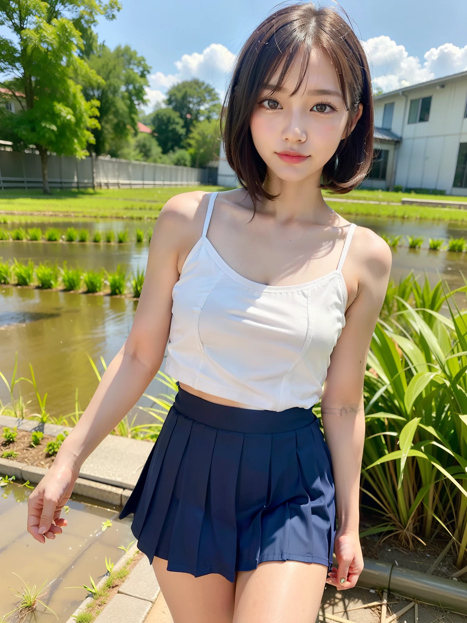 ((Best of the highest quality, 8k, Masterpiece, raw photo: 1.2)), (Sharp focus: 1.2), (1 AESPA, slim body type female, 21 y/o: 1.1), (solo: 1.28), (realistic, photo-realistic:1.37), face focus, cute face, finely eyes, (droopy eyes: 1.32), (Emphasize prominent aegyo-sal with bright: 1.2), shimmering eyeshadow applied under the lower lash line, paired with thick, (small breasts, flat chest, Thigh: 1.3), (short bob hair: 1.28), (neat silk camisole, school uniform skirt: 1.32), walking in rice field, paddy field, flower, (from below: 1.12)