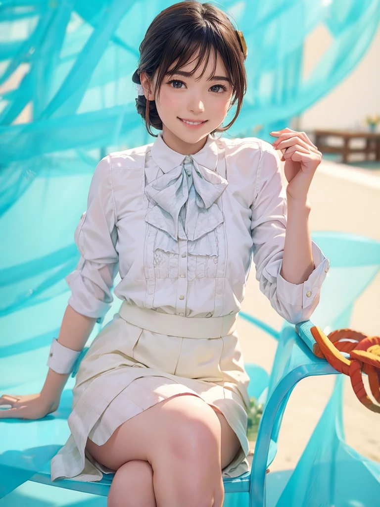 raw photo, 1girl, cute face, beautiful face, medium breast, collared blouse, White blouse, light smile, detailed skin, simple background, Above the knee, sit on a chair, Seductive pose, photorealistic, masterpiece, best quality, anatomically correct