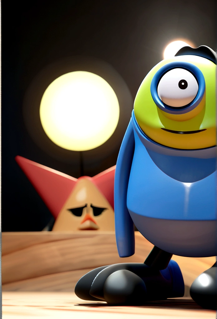 Cartoon character of a man in black glasses and blue shirt, an animated character, stylized character, animation style rendering, 3d stylized, Arnold Maya rendering, Stylized 3D rendering, toon render screenshot, 3d character, 3d character, Stylized 3D rendering, 3D character rendering, cartoon character, Personagem de close up, character posing, (Pixar-style) (master part:1.2) (bokeh) (best qualityer) (skin detailed) (detailed texture) (8K) (Argilla) (cinematic lighting) (sharp focus，Sit down and lift your upper body