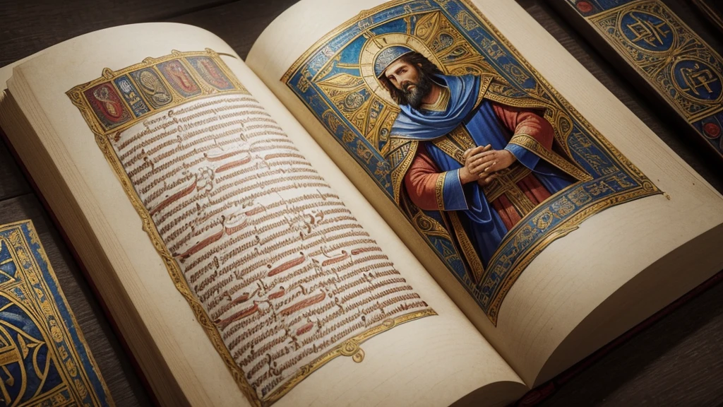  "An ancient manuscript illuminated with intricate depictions of Paul's letters, particularly emphasizing his teachings on the resurrection body. The manuscript is adorned with symbols of imperishability, glory, and power, reflecting Paul's theological insights into the nature of resurrected life. Scholars and believers gather around the manuscript, studying and contemplating the profound hope and assurance it offers."
