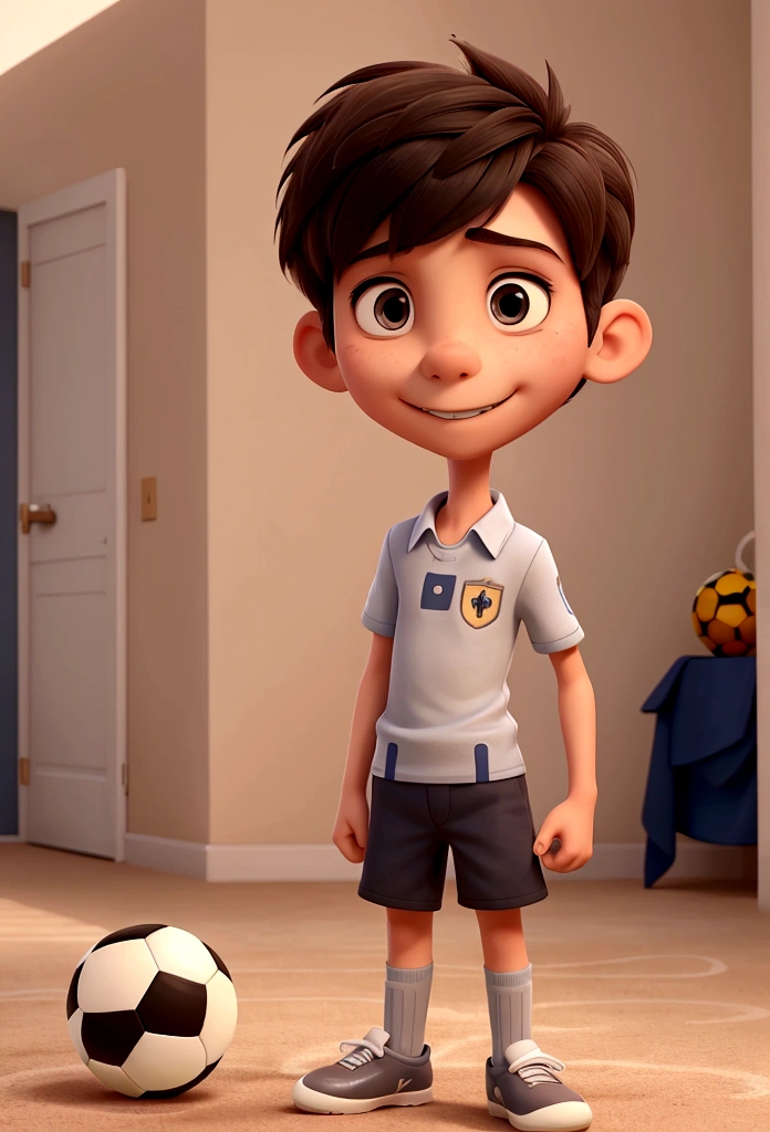a boy, very skinny, with short hair with bangs, likes to play soccer, Disney cartoon style