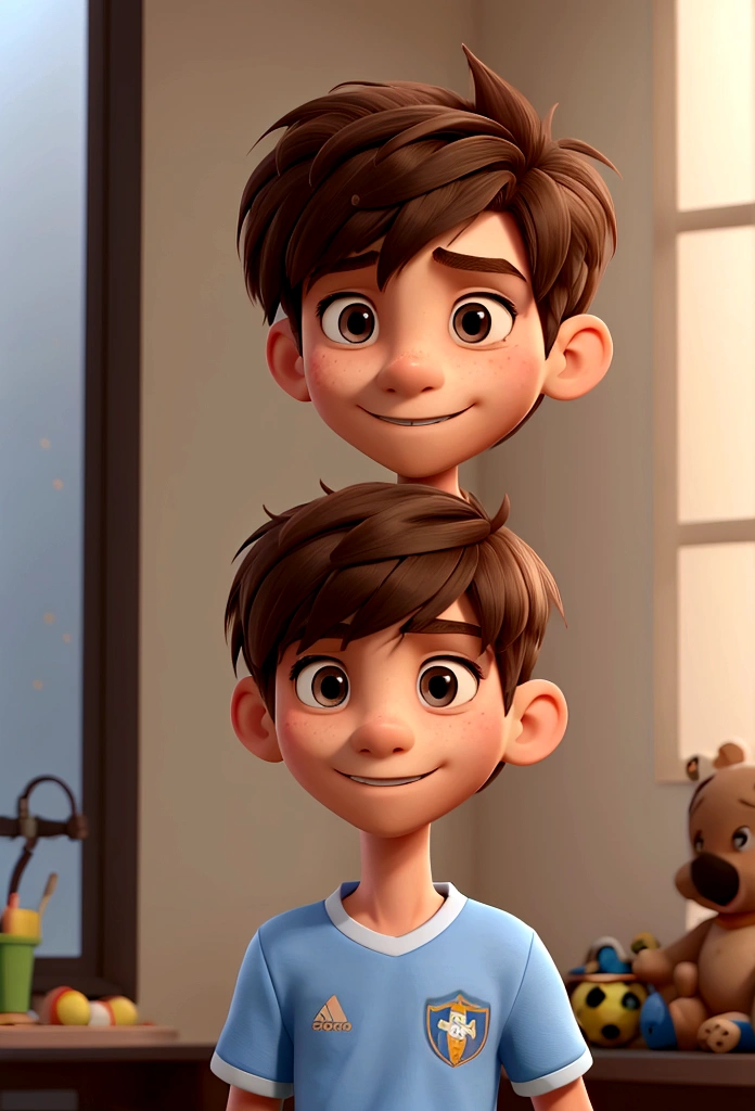 a boy, very skinny, with short hair with bangs, likes to play soccer, Disney cartoon style