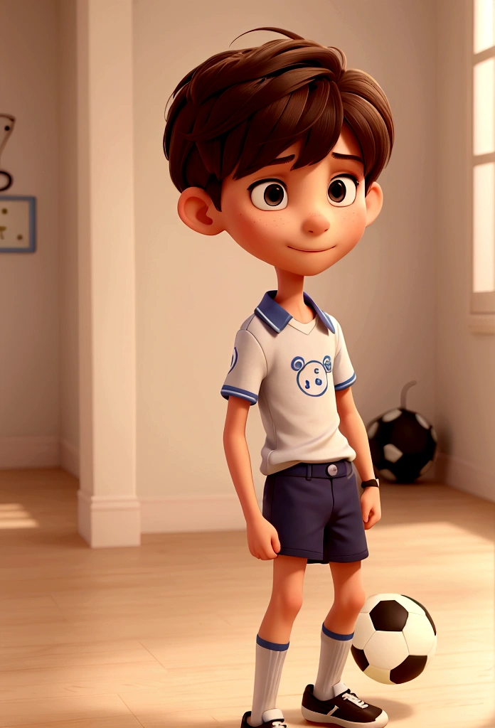 a boy, very skinny, with short hair with bangs, likes to play soccer, Disney cartoon style