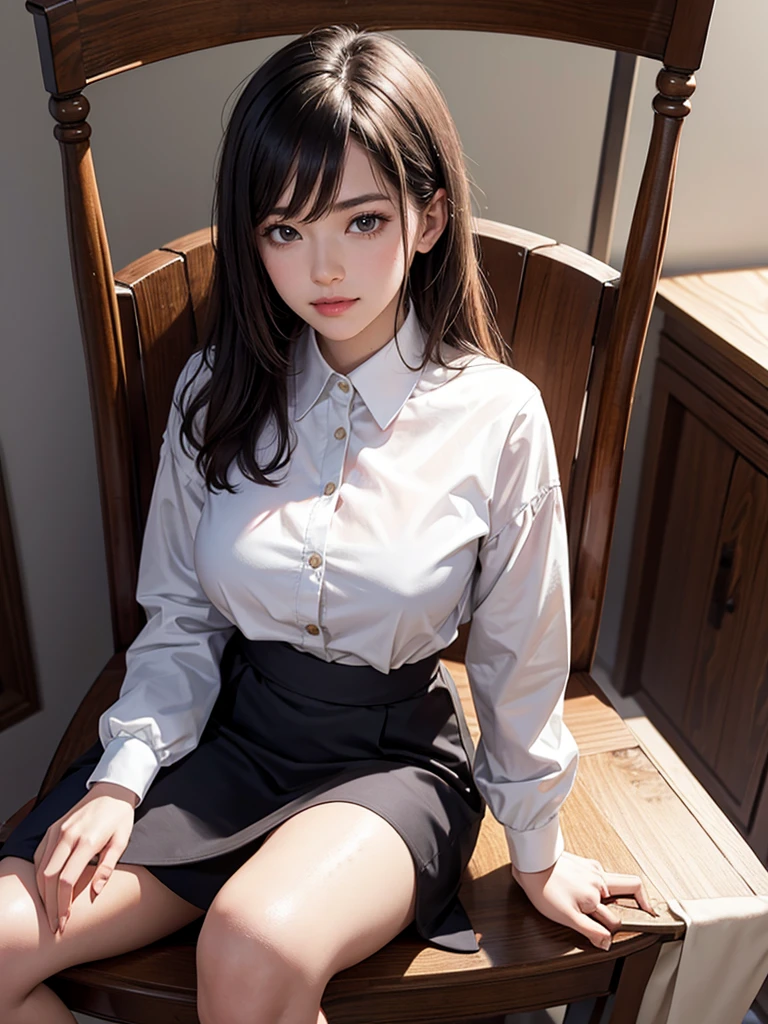 raw photo, 1girl, cute face, beautiful face, medium breast, collared blouse, White blouse, light smile, detailed skin, simple background, Above the knee, sit on a chair, Seductive pose, photorealistic, masterpiece, best quality, anatomically correct