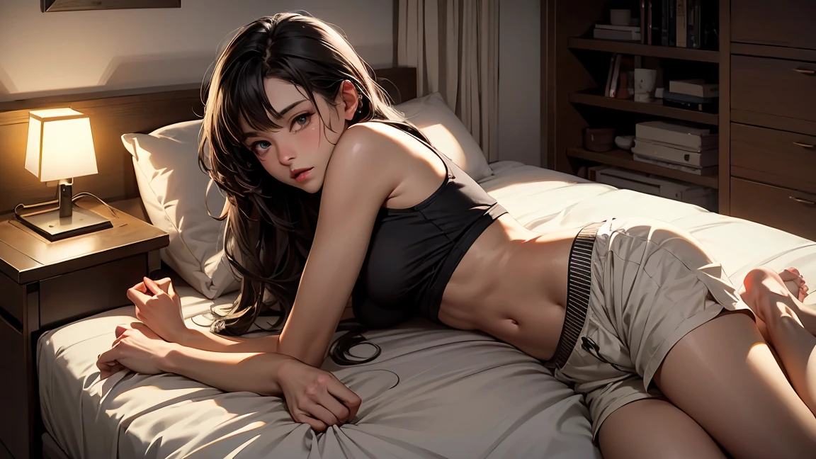 Craft a high-quality, detailed image of a stunning anime lofi girl with long, silky hair and beautiful eyes. She is positioned on her knees in her inviting gaming room, wearing a see-through tank top without a bra, exposing her midriff, and sleep shorts. The setting is cozy and welcoming, with soft ambient lighting and comfy seating. The room is softly lit by a small lamp, creating a peaceful and intimate atmosphere with a touch of sensual allure