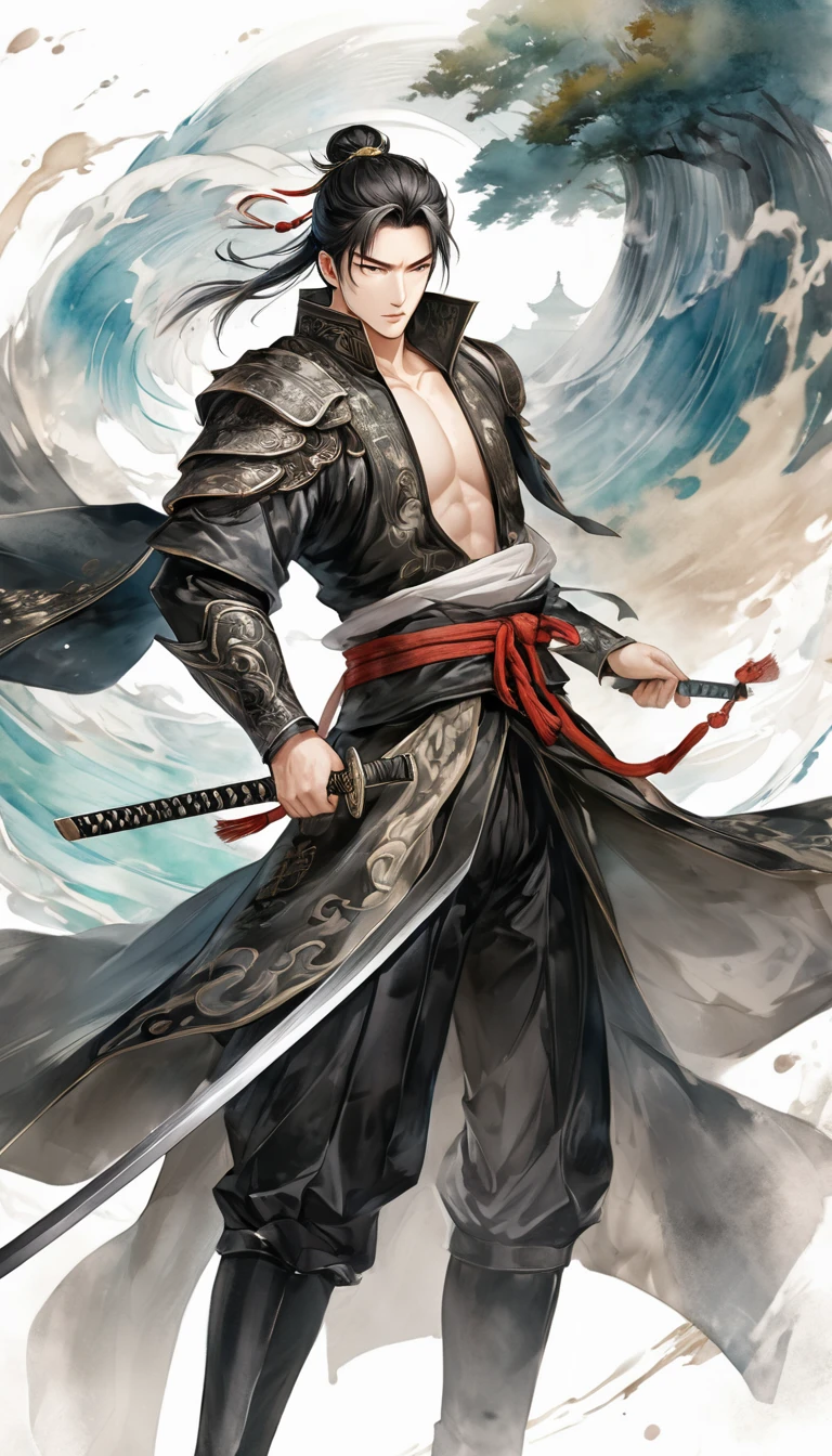 A beautiful oriental boy presented in real-life animation style,Handsome black and gray short hair with highlights,Wear black single-sided armor,Translucent shirt and leather jacket,The chest is naturally open and the body is strong,straight suit pants,sash,long leather boots,The right hand holds the Guan Gong Qinglong Yanyue Sword,Blade down,Holding an ancient book in the left hand,Standing and reading a book,The image of loyalty, bravery and benevolence,Background is white,It has Japanese air feel and dynamic blur effect,Watercolor and splash ink rendering,Chaos Rendering,Simple and classic Zen,Ethereal and elegant style