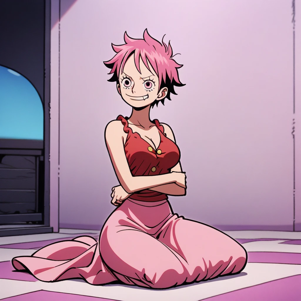 1girl, Monkey D. Luffy, One Piece, Pink hair, pink eyes, white and pink mix, pink long skirt, shes on a seiza pose, an empty and chill room