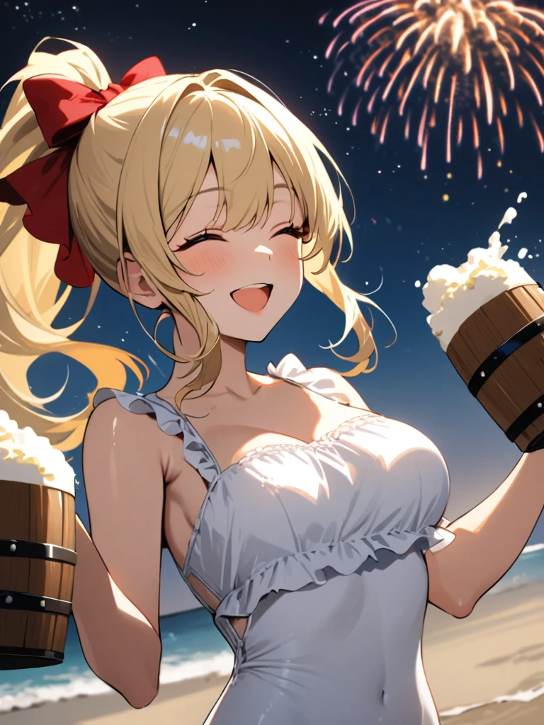 (masterpiece)、(absurdres)、(ultra detailed)、((solo lady)、(blonde hair:1.0)、(shiny red eyes:0.7)、(highponytail:0.9)、(a little red libbon:0.8)、(long hair:0.7)、((middle breast:0.8))、BREAK,Frills、White one-piece swimsuit、BREAK,Seaside beach、Toast with a beer mug、closed eyes,smile,Fireworks and starry sky、