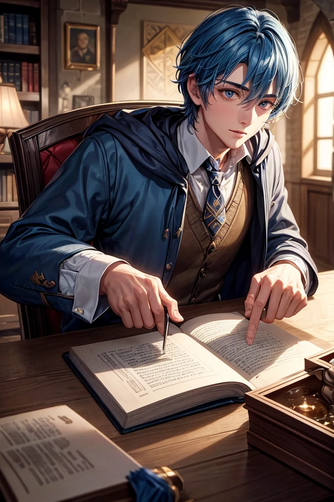 Handsome young man with magic, from Hogwarts School of Magic, blue hair, lives in Hufflepuff House.