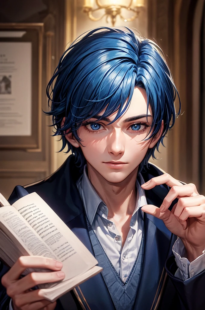Handsome young man with magic, from Hogwarts School of Magic, blue hair, lives in Hufflepuff House.
